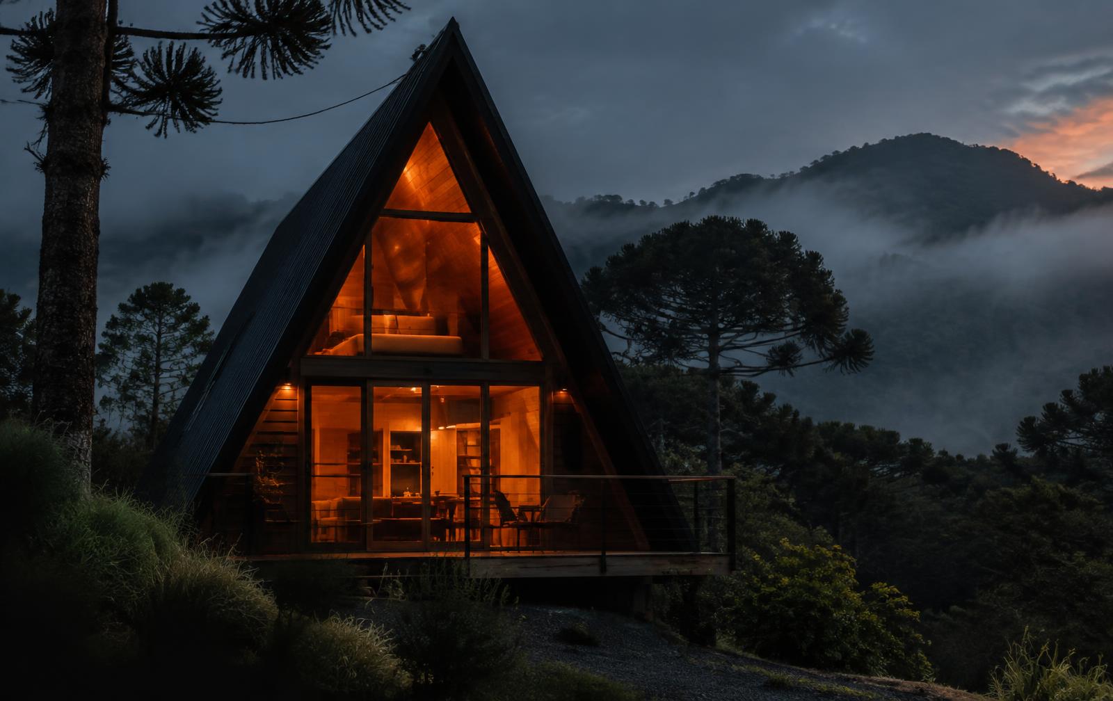 Cabana A-frame iluminada ao anoitecer